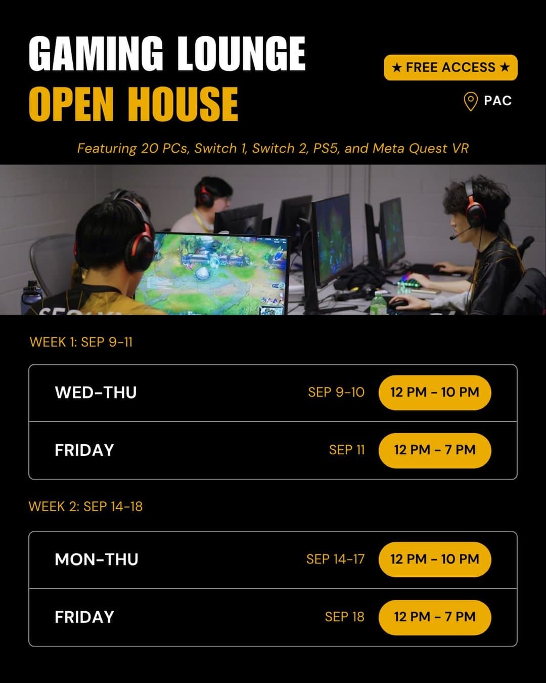 PAC Esports & Gaming Lounge Free Gaming Week